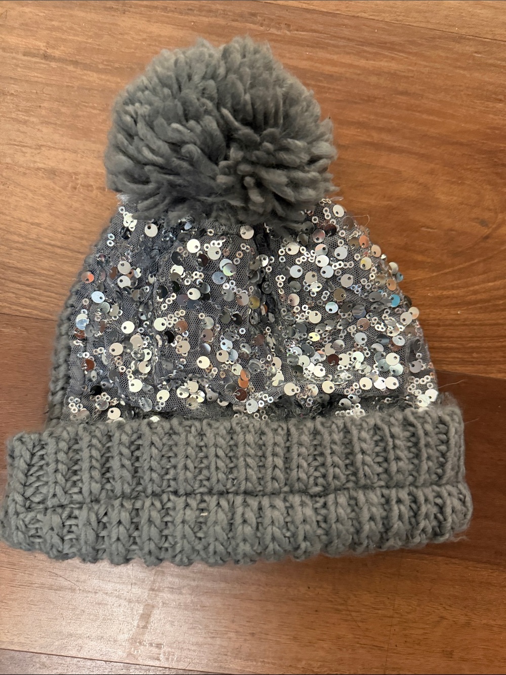 Betsey Johnson Gray Sequin Pom Pom Beanie